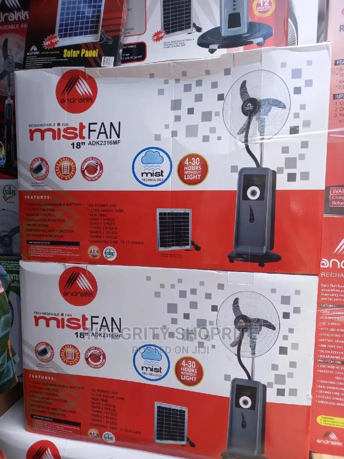 Andrakk 18" Reachargeable Mist Fan (Water Fan) - Usb+Solar