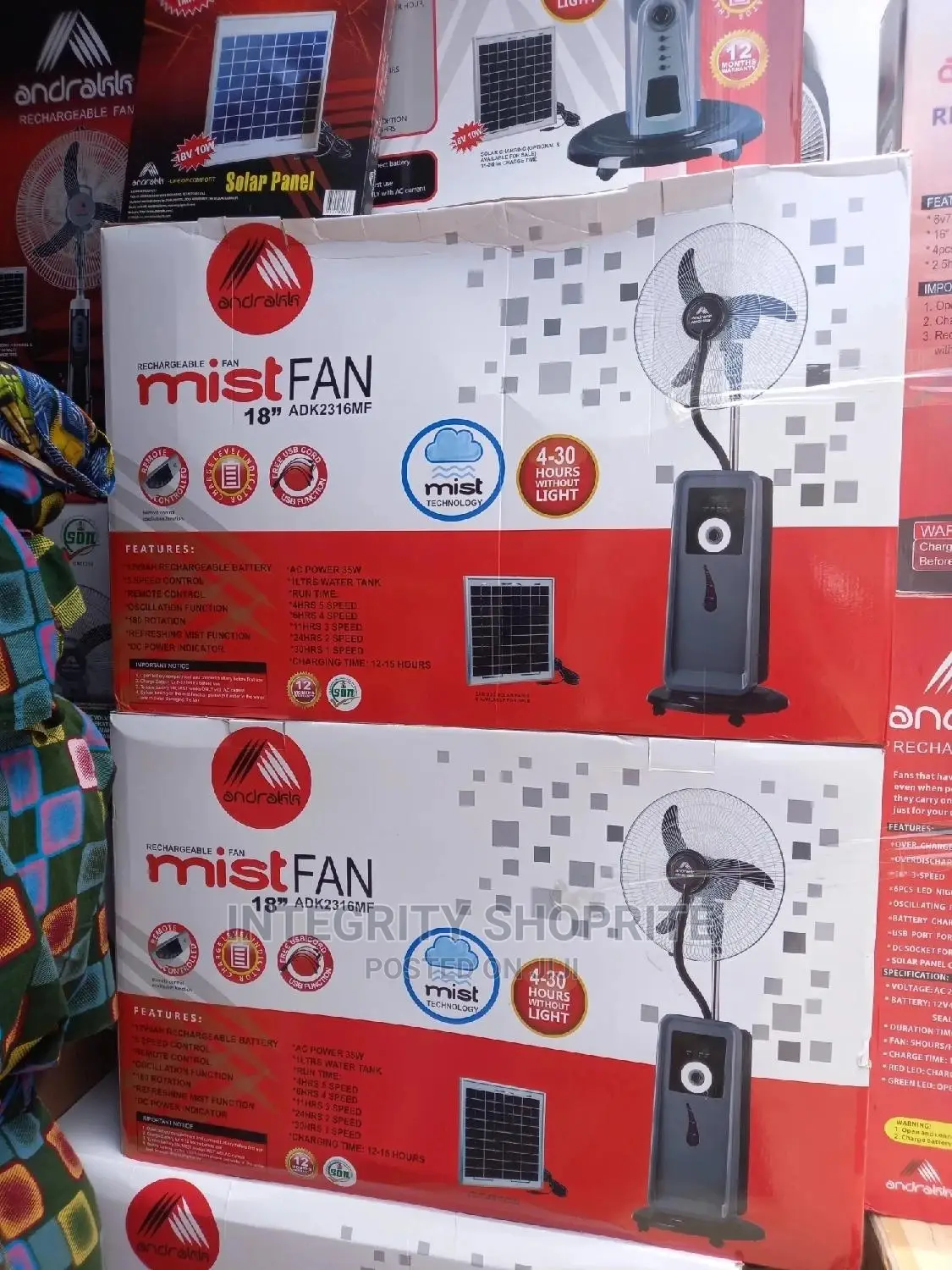 Andrakk 18" Reachargeable Mist Fan (Water Fan) - Usb+Solar