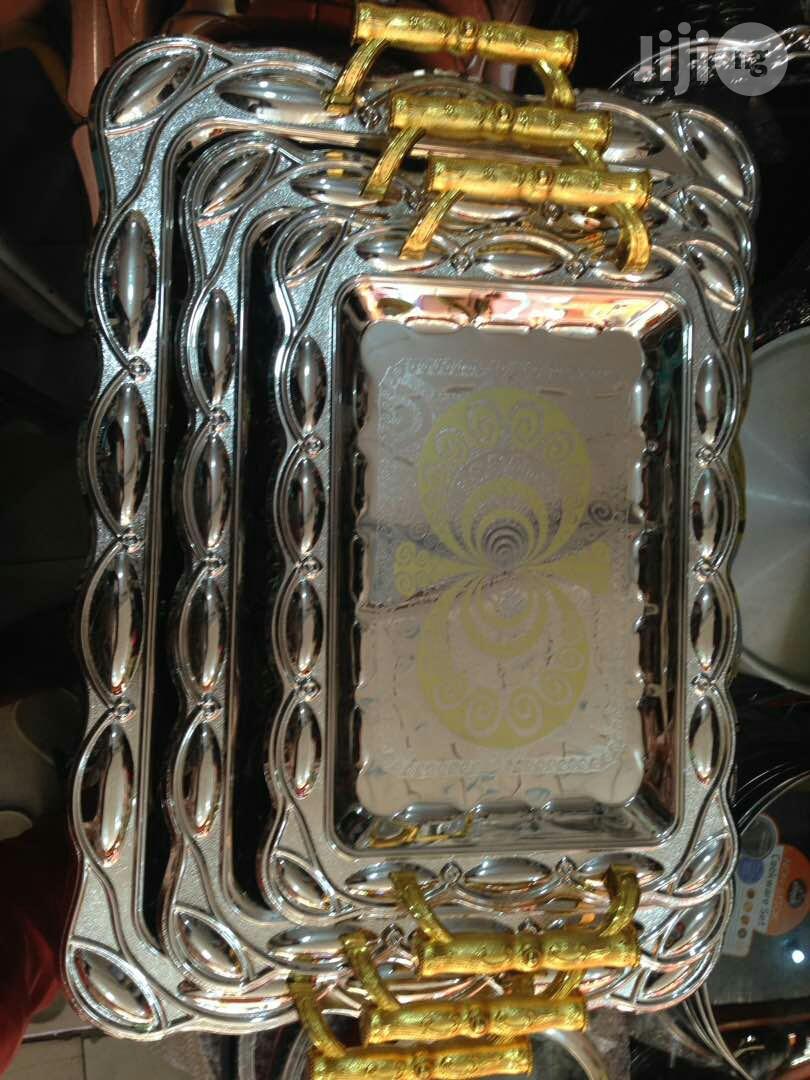 Stainless Tray With Golden Handel By3