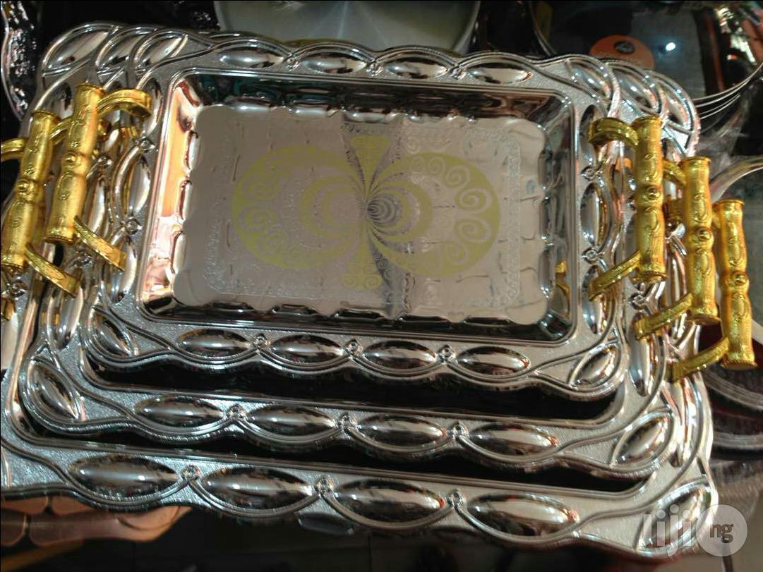Stainless Tray With Golden Handel By3