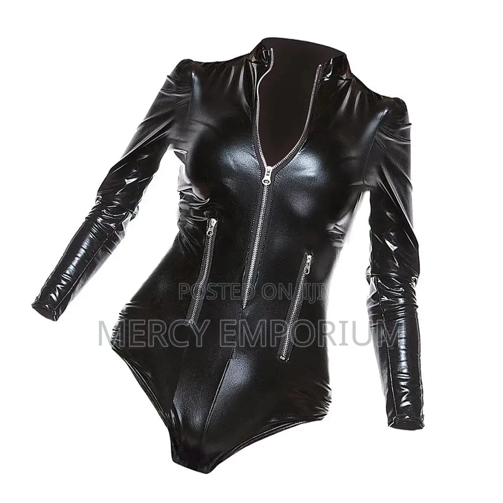 Women Sexy Bodysuit Zipper PU Leather Long Sleeve