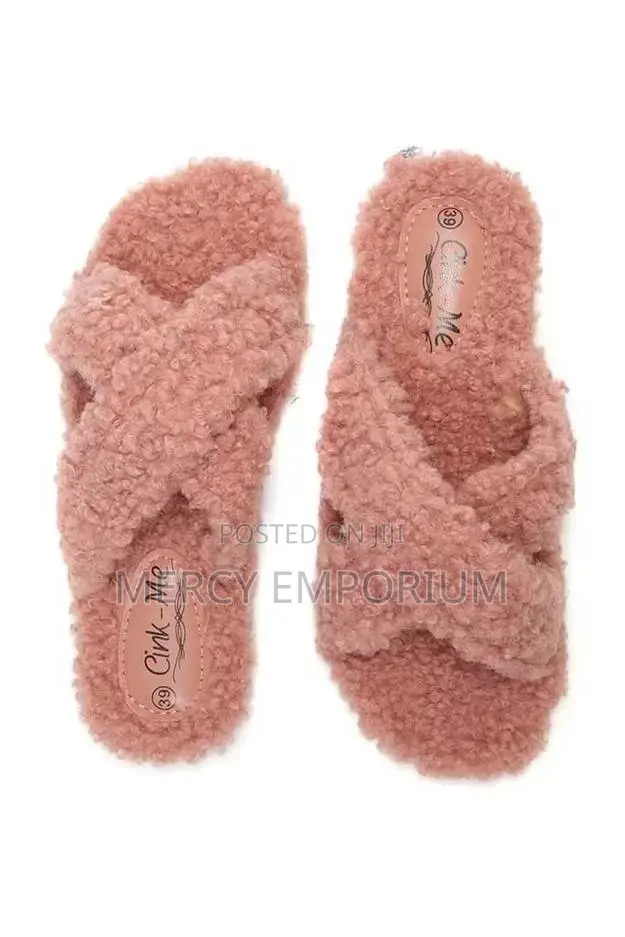 Fluffy Blush Pink Borg Cross Over Slippers