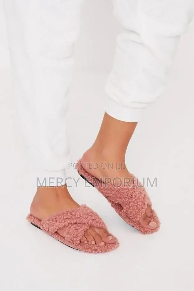Fluffy Blush Pink Borg Cross Over Slippers