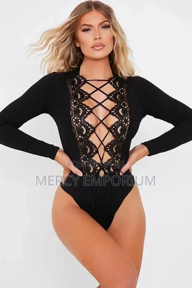 Black Scuba Lace Detail Long Sleeve Bodysuit