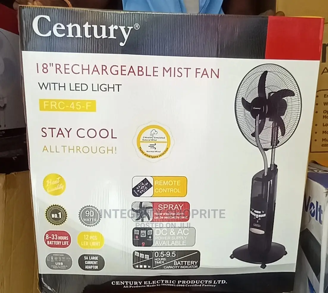 Century 18" Rechargeable Mist (Water) Fan - USB Solar Ports