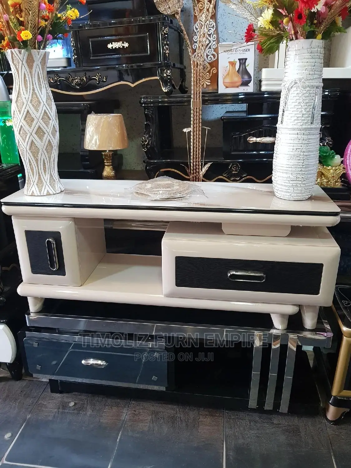 Adjustable TV Stand With Various Storage Spaces, Black White