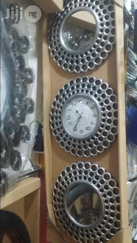 Set Of Silver Mirrors And Clock