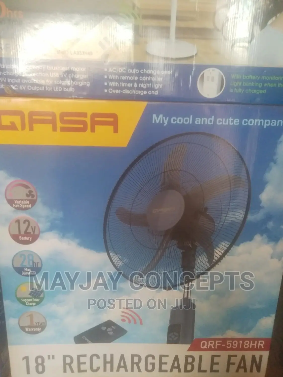 18" QASA Rechargeable Fan-Supports Solar Charge