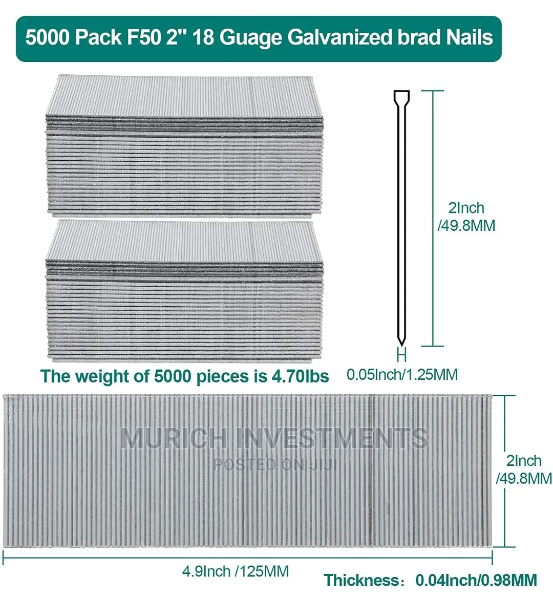 F50 5000pcs 18 Gauge Brad Nails 2inch,
